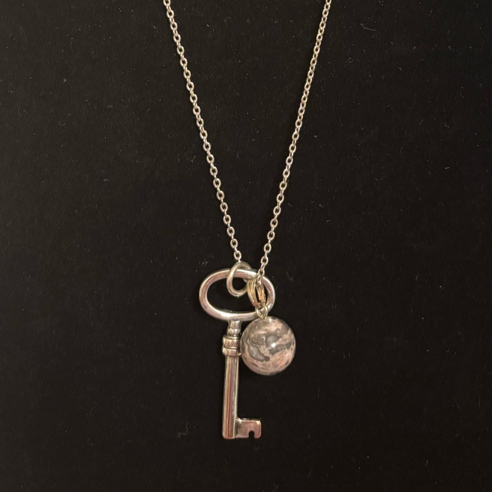 Elegant Silver Key Necklace with Marble Charm